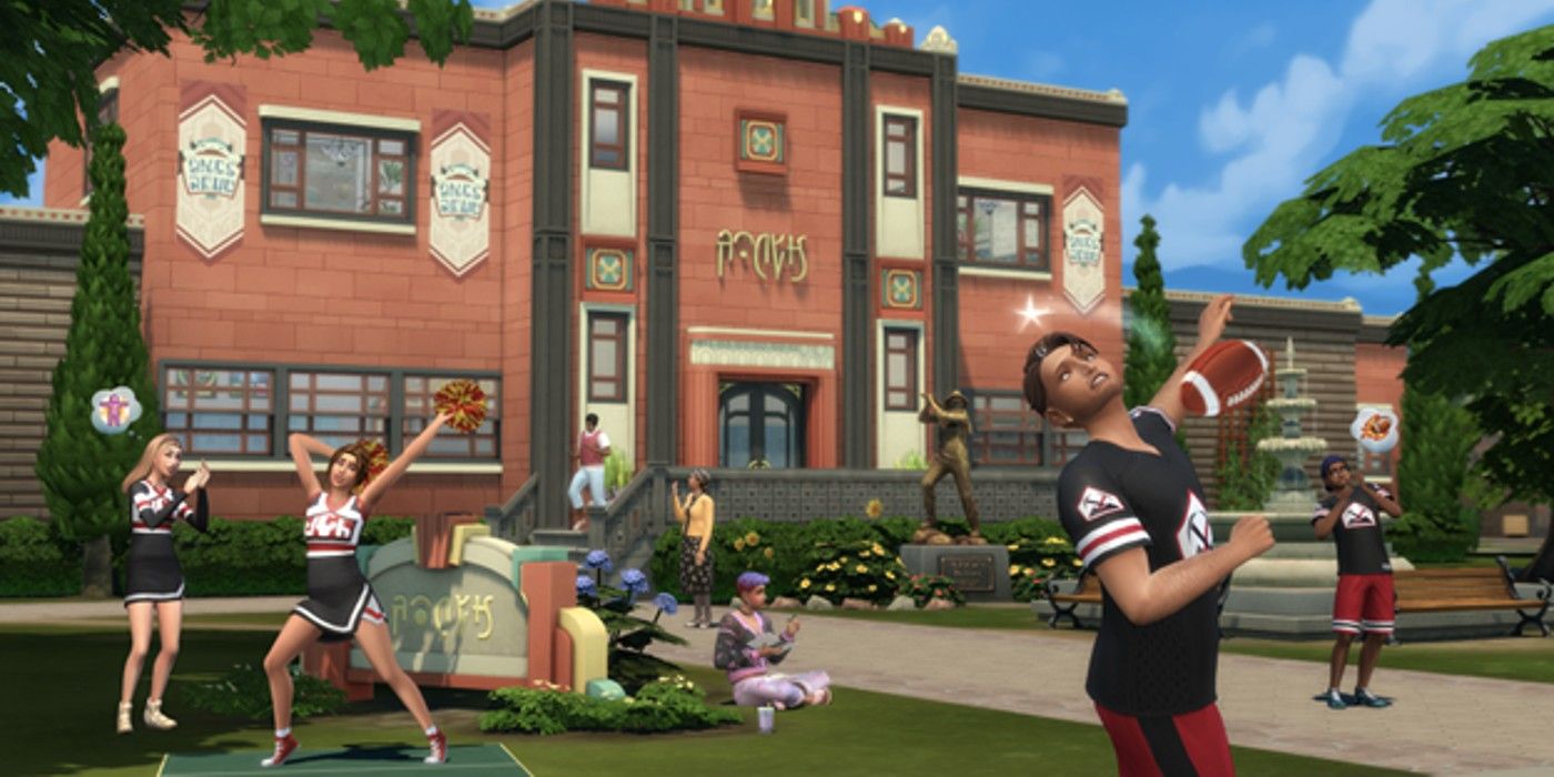 A shot of Sims cheerleading, playing football, and more outside of a high school building in Sims 4's High School Years expansion pack.