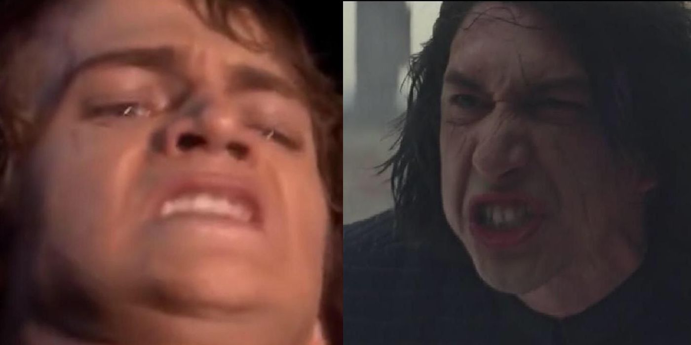 Hayden Christensen meme face while killing Count Dooku; Adam Driver as Kylo Ren shouting at Luke Skywalker