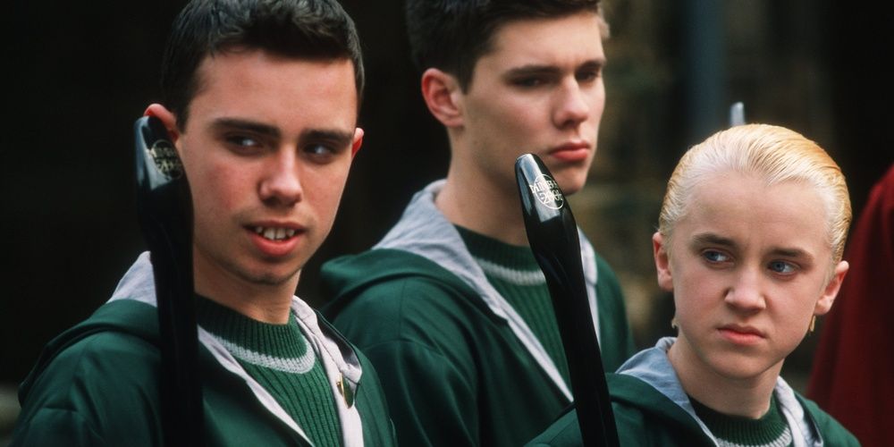 Slytherin Quidditch team with their brooms in Harry Potter and the Chamber of Secrets