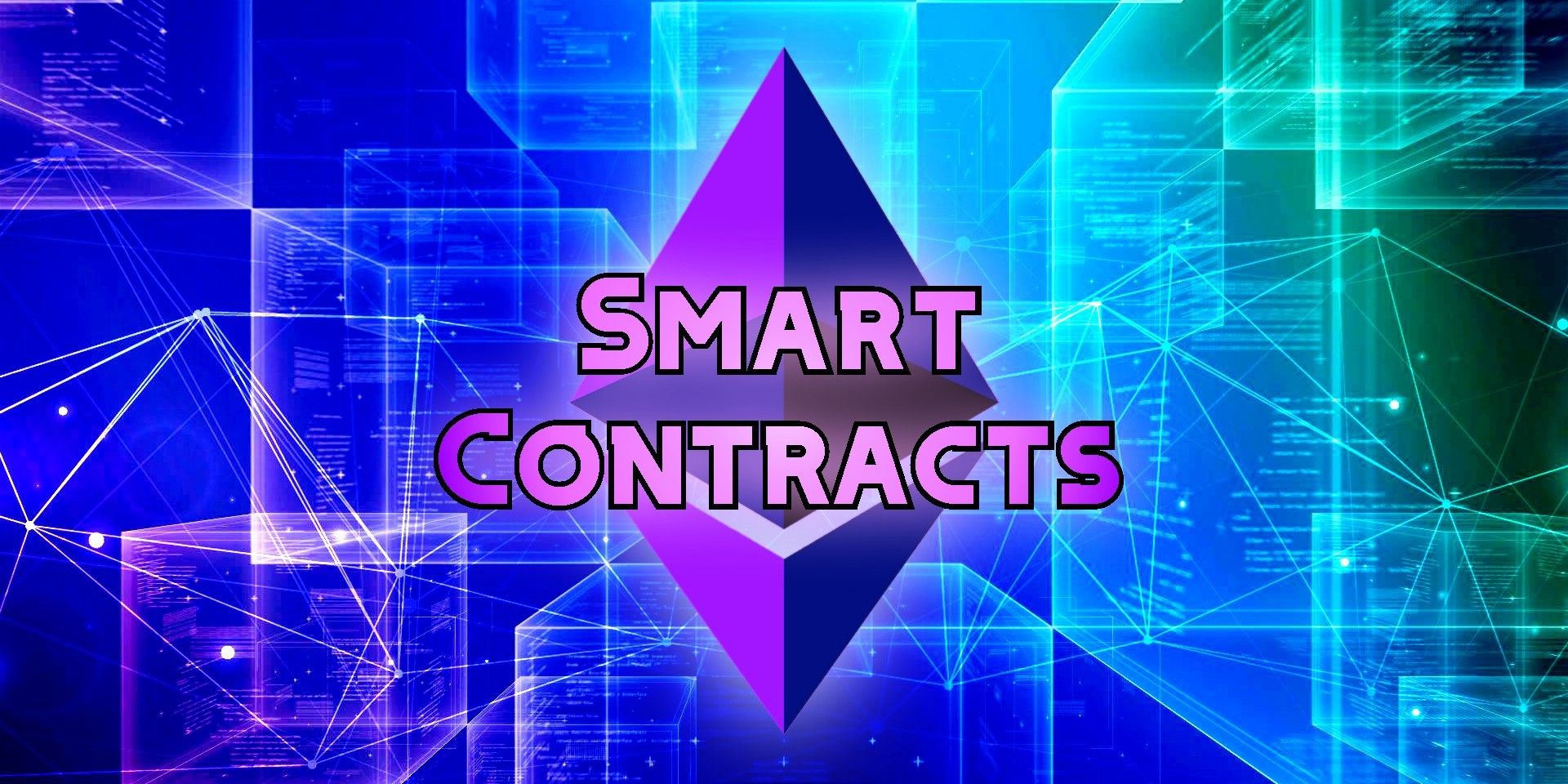 Smart Contracts text over Ethereum logo digital background