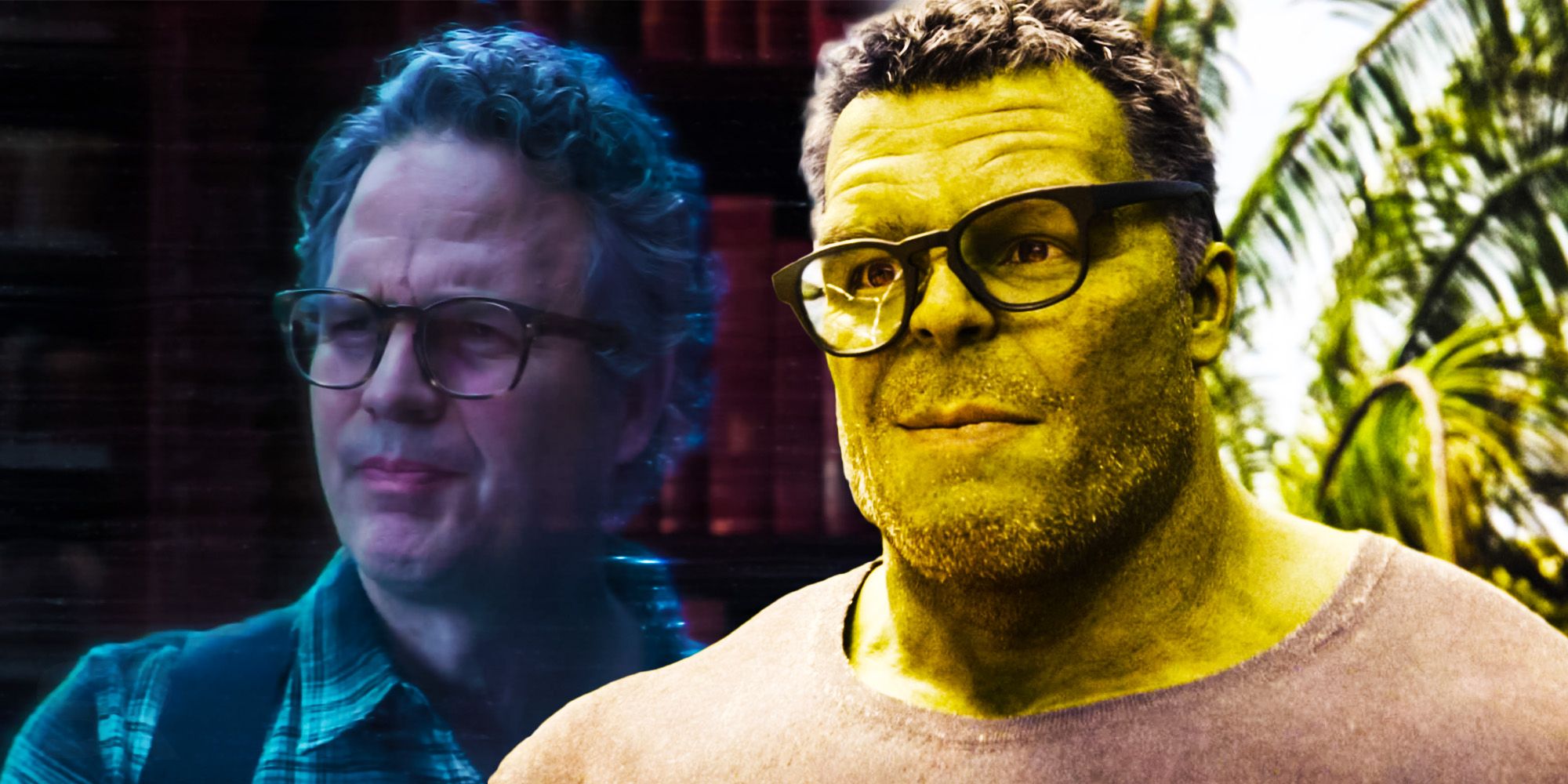 Split Image: Bruce Banner in hologram image; Smart Hulk in She-Hulk