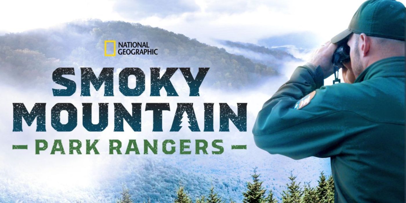 Banner for the documentary Smoky Mountain Park Rangers showing a man with binoculars.