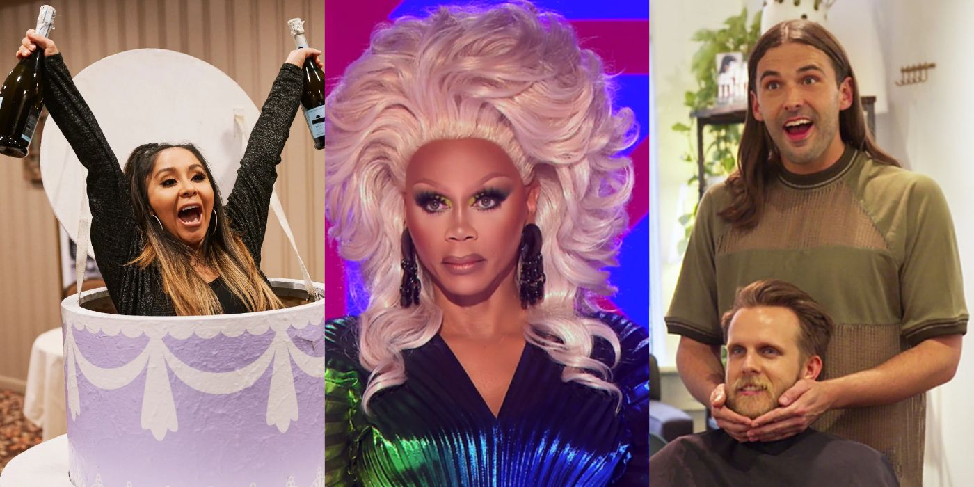 Split image of Snooki from Jersey Shore Family Vacation, RuPaul from Rupaul's Drag Race, and Jonathan Van Ness from Queer Eye