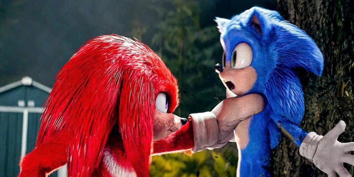 Knuckles grabbing Sonic by the throat in Sonic the Hedgehog 2