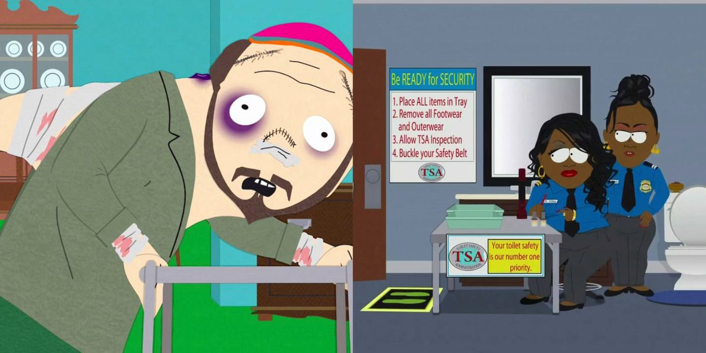 Split image of South Park's Gerad after dolphinoplasty and Toilet Safety Agents