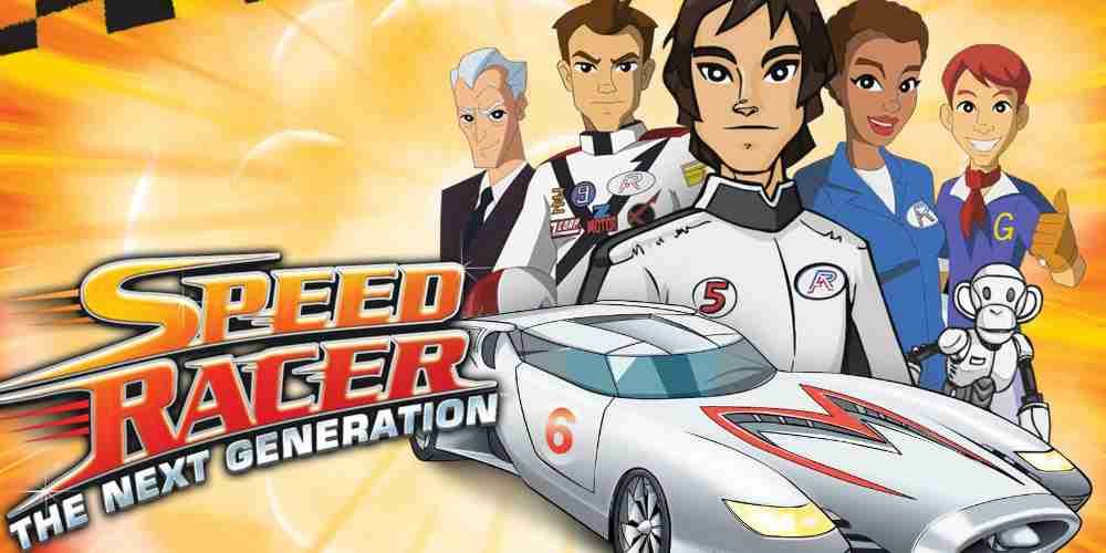 Speed Racer the Next Generation characters from the promo art, standing behind the car.