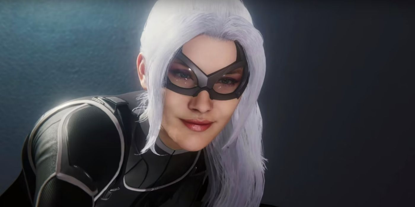 Spider-Man PS4 Black Cat bends twoards camera with a smile