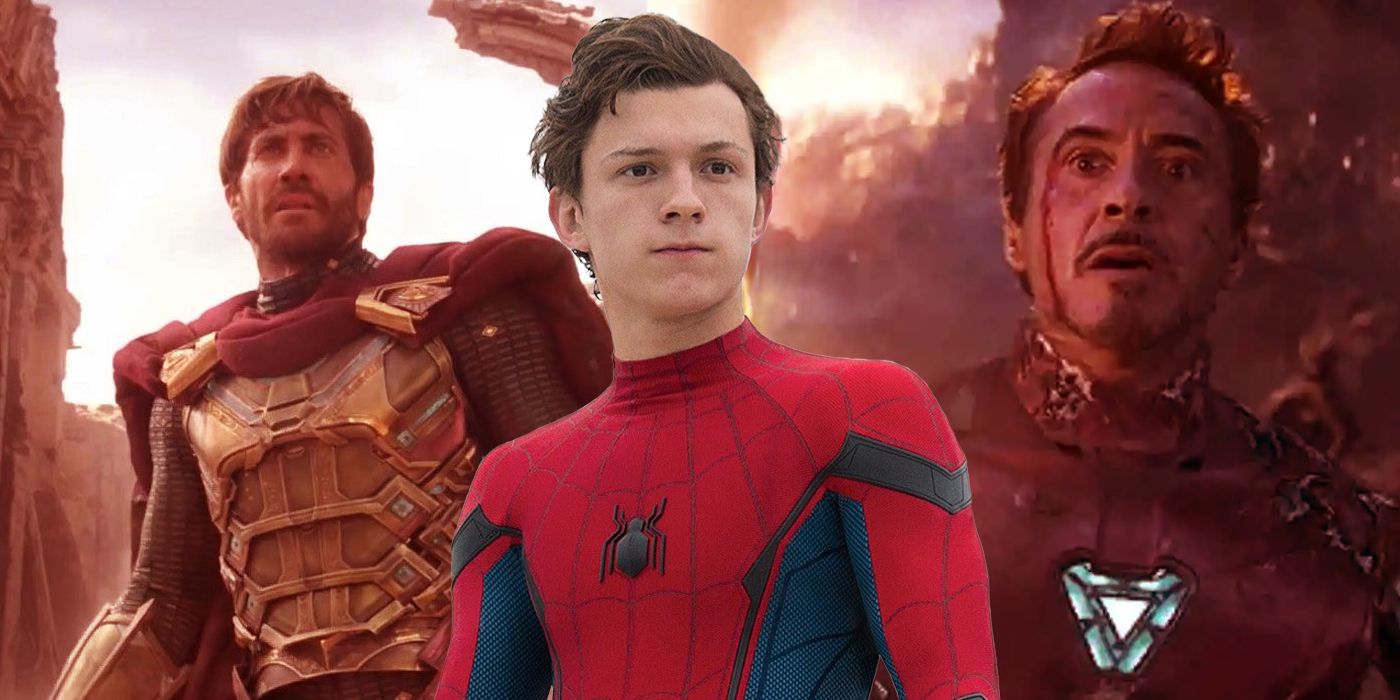 Mysterio (Jake Gyllenhaal) in Far From Home; Tom Holland promotional photo as Spider-Man; Iron Man (Robert Downey Jr.) with the Infinity Gauntlet