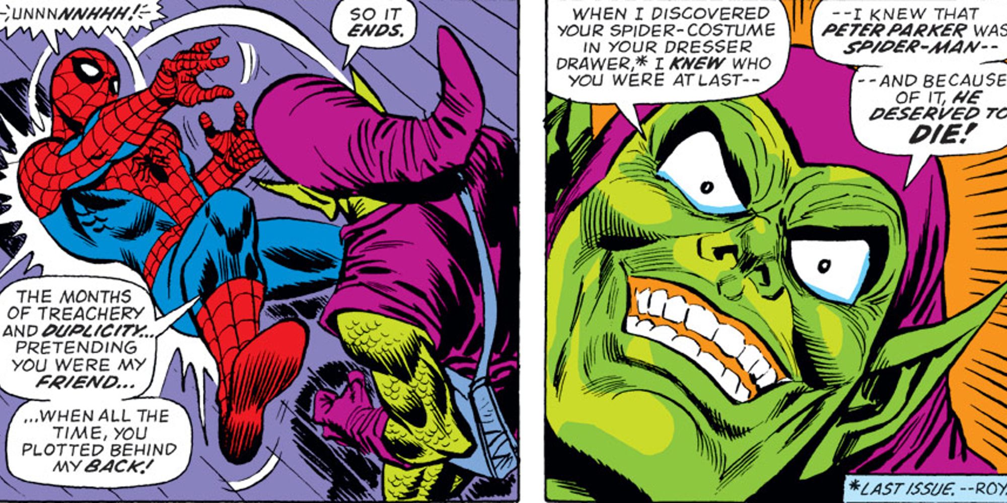 Spider-Man fighting Harry Osborn as Green Goblin in The Amazing Spider-Man #136