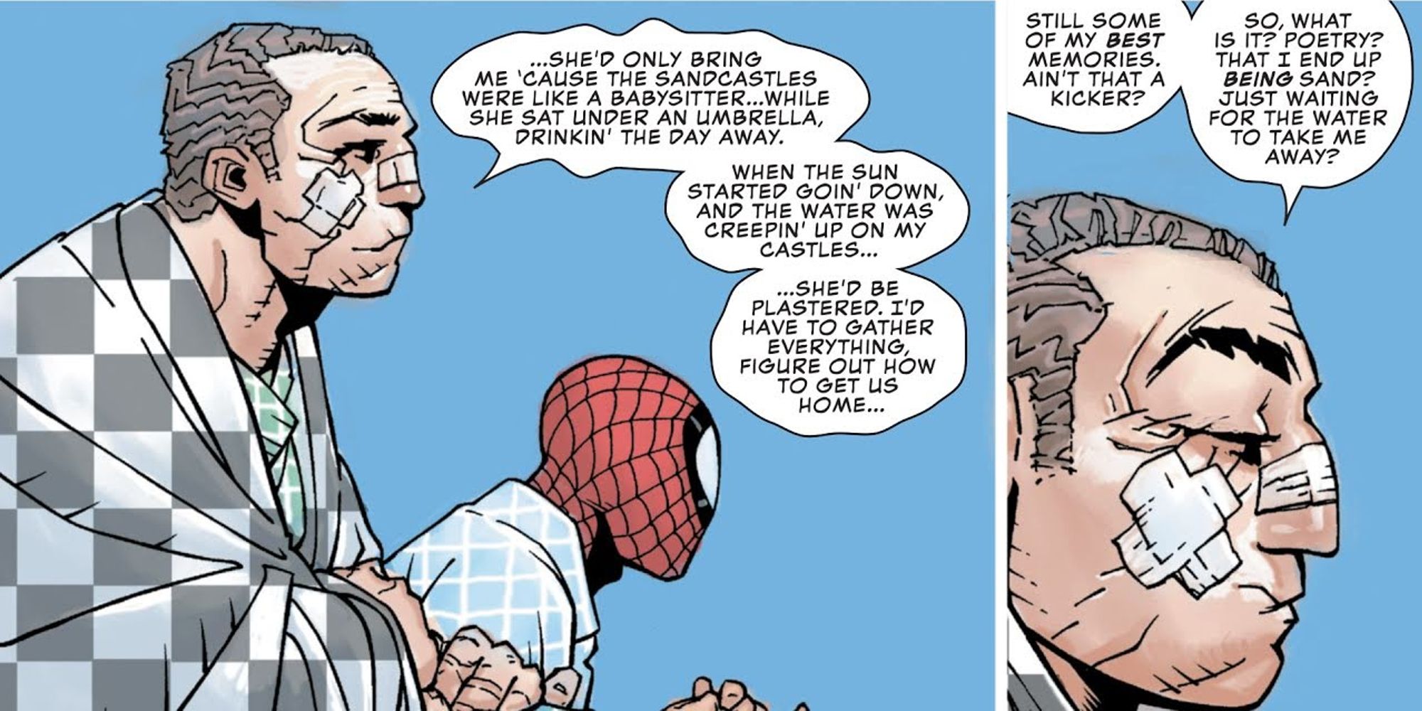 Spider-Man keeping Sandman company at the beach in The Spectacular Spider-Man #308