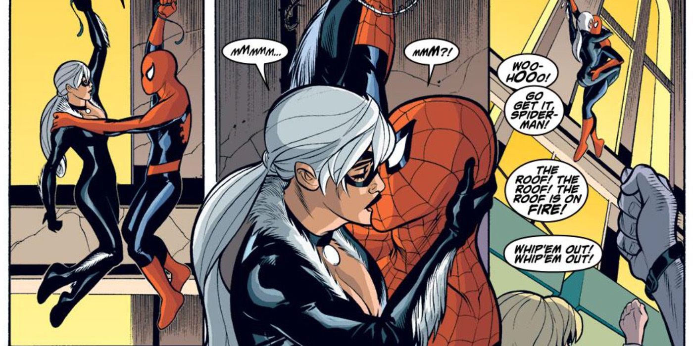 Spider-Man kissing Black Cat in Marvel comics