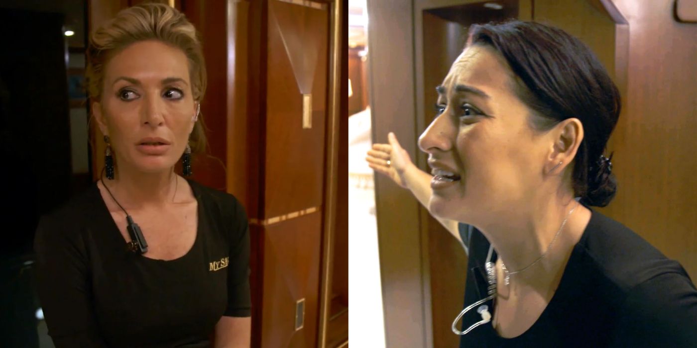 Split Image Kate Chastain reacting to Laura Betancourt telling her to "check" herself on Below Deck.