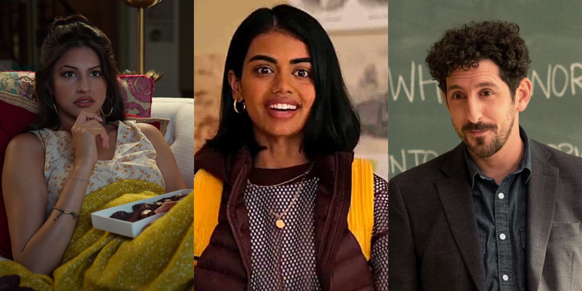 Split Image of Kamala, Aneesa, and Mr. Shapiro from Never Have I Ever