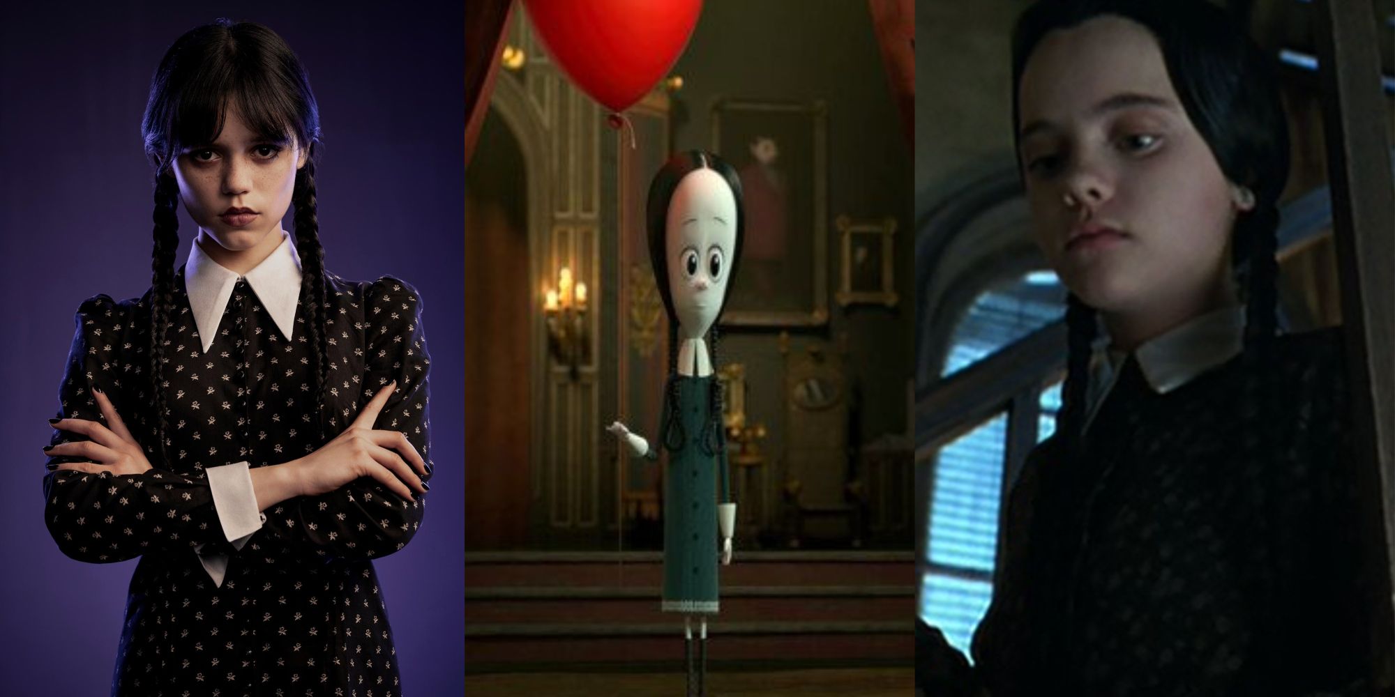 Split Image of Netflix's Wednesday, animated Wednesday and Wednesday Addams from the films