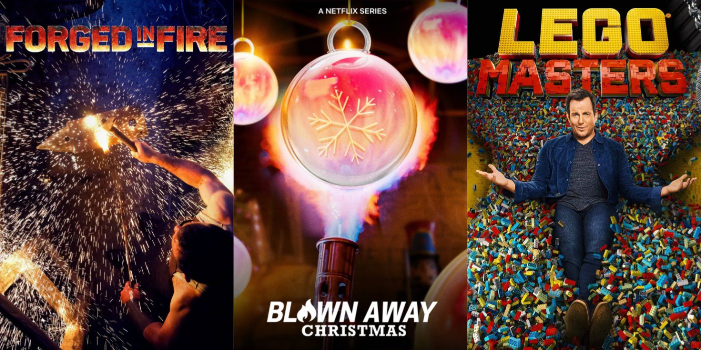 Split Image of Posters for Forged In Fire, Blown Away Christmas, and Lego Masters.