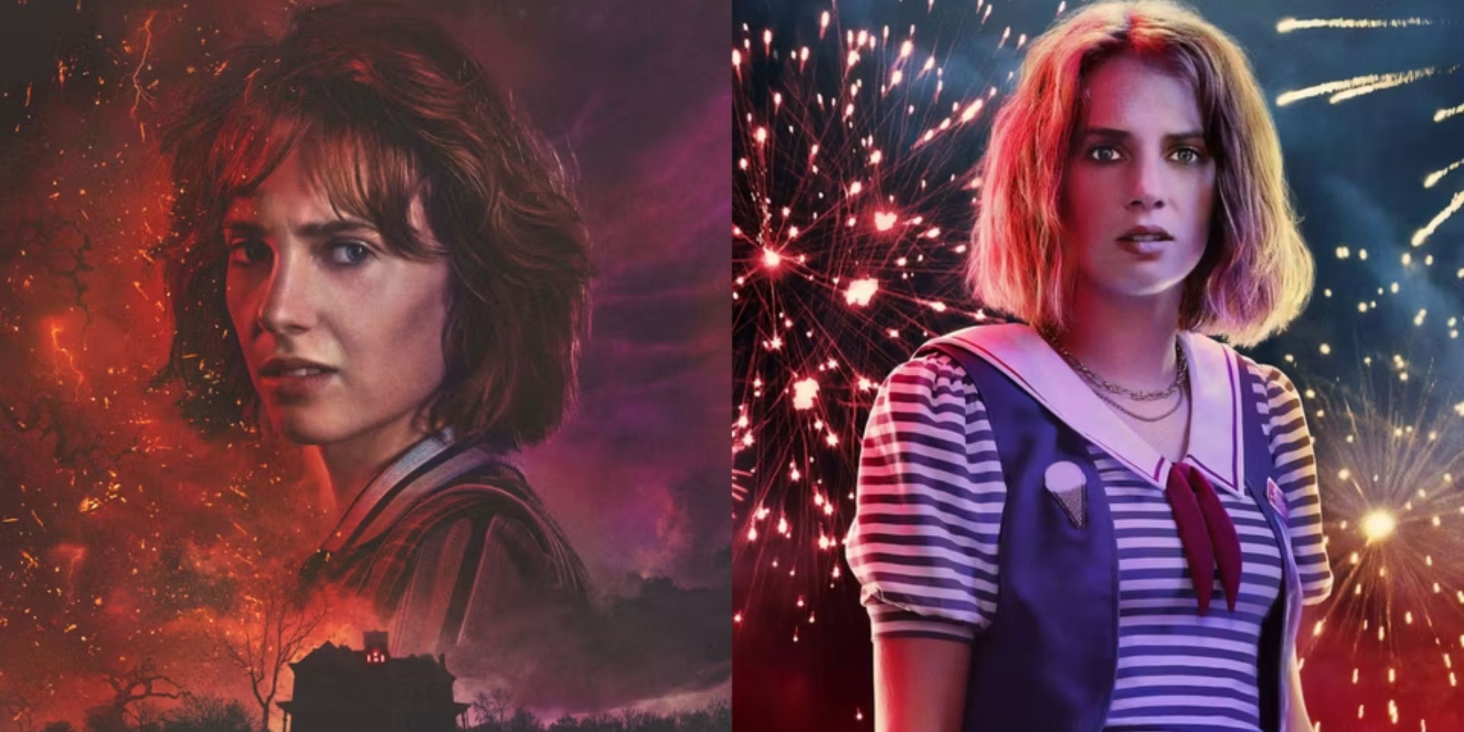 Split image of Robin from Stranger Things (Posters from Seasons 3 and 4)