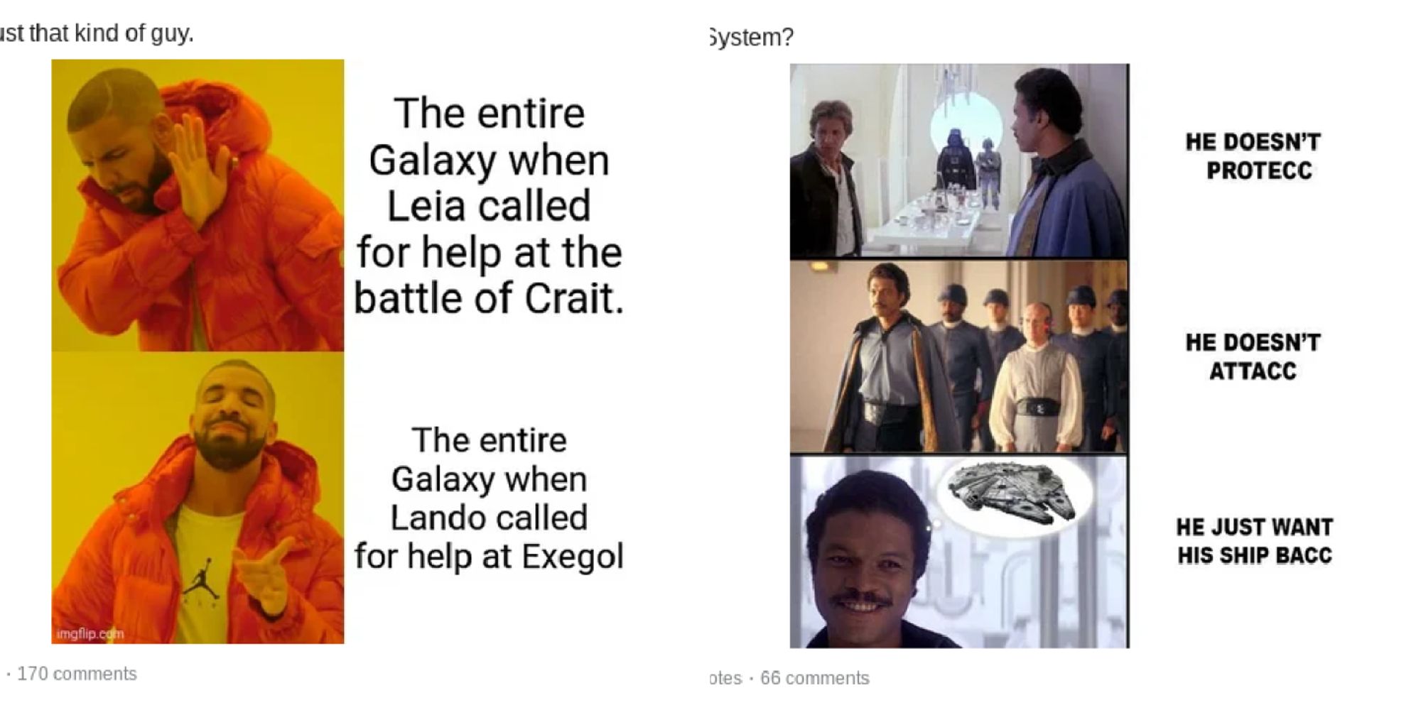 Split image of Lando Calrissian character memes
