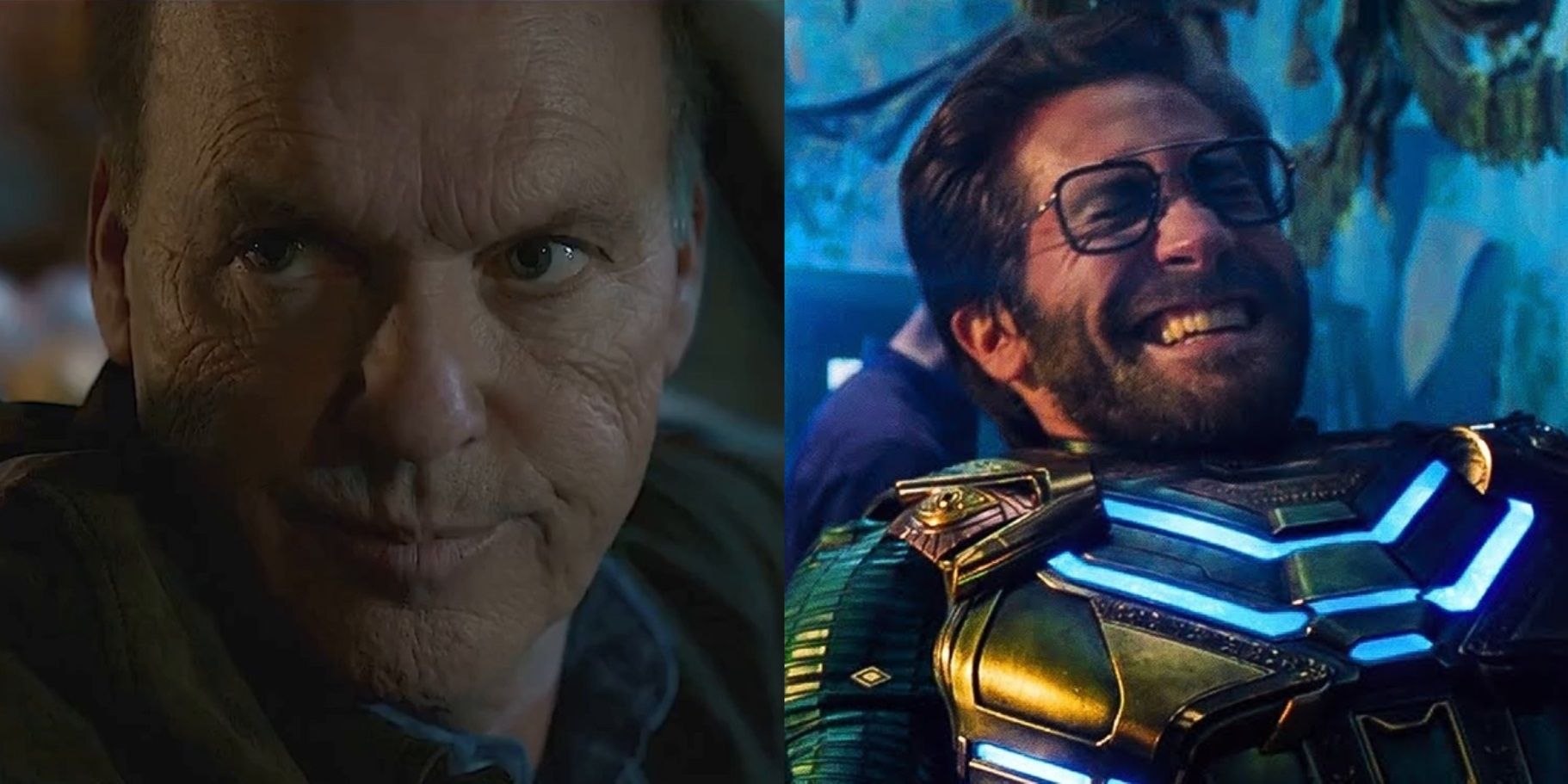 Split image of Adrian Toomes in Spider-Man Homecoming and Quentin Beck in Spider-Man Far From Home