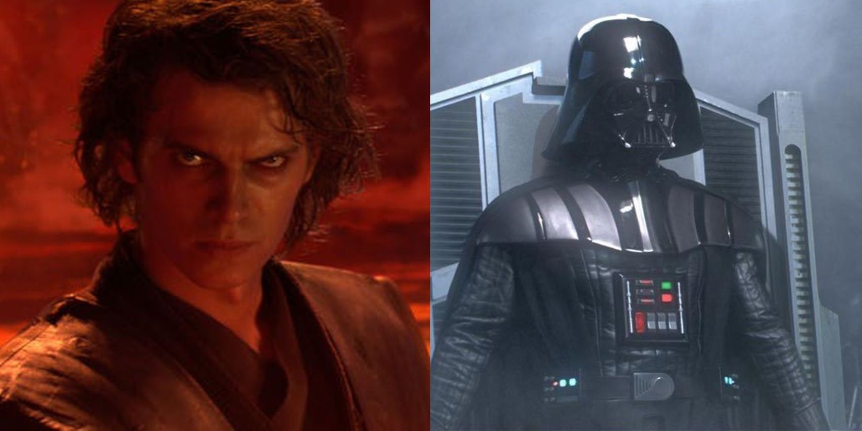 Split image of Anakin on Mustafar and Darth Vader in a medical bay in Revenge of the Sith