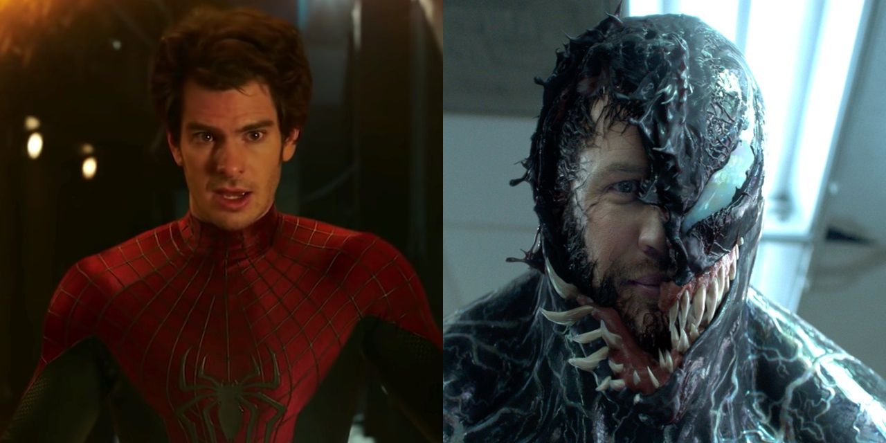 Split image of Andrew Garfield as Spider-Man and Tom Hardy as Venom