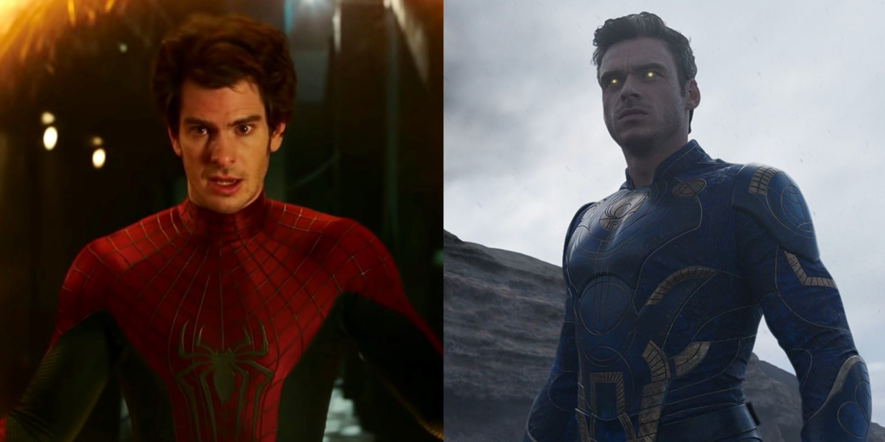 Split image of Andrew Garfield in Spider-Man No Way Home and Richard Madden in Eternals