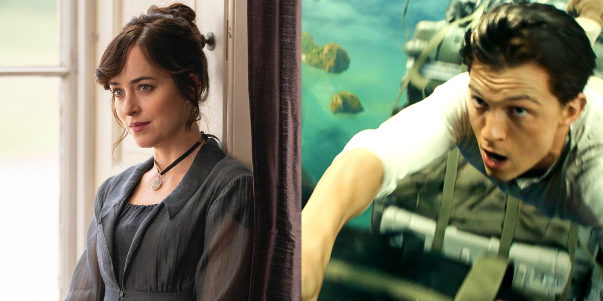 Split image of Anne in Persuasion and Tom Holland in Uncharted