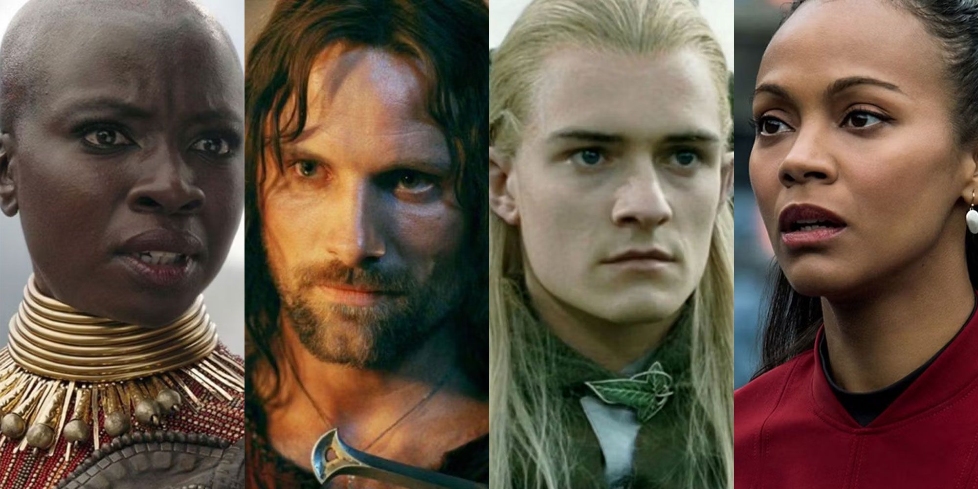 Split image of Aragorn and Legolas from Lord of the Rings with female casting counterparts