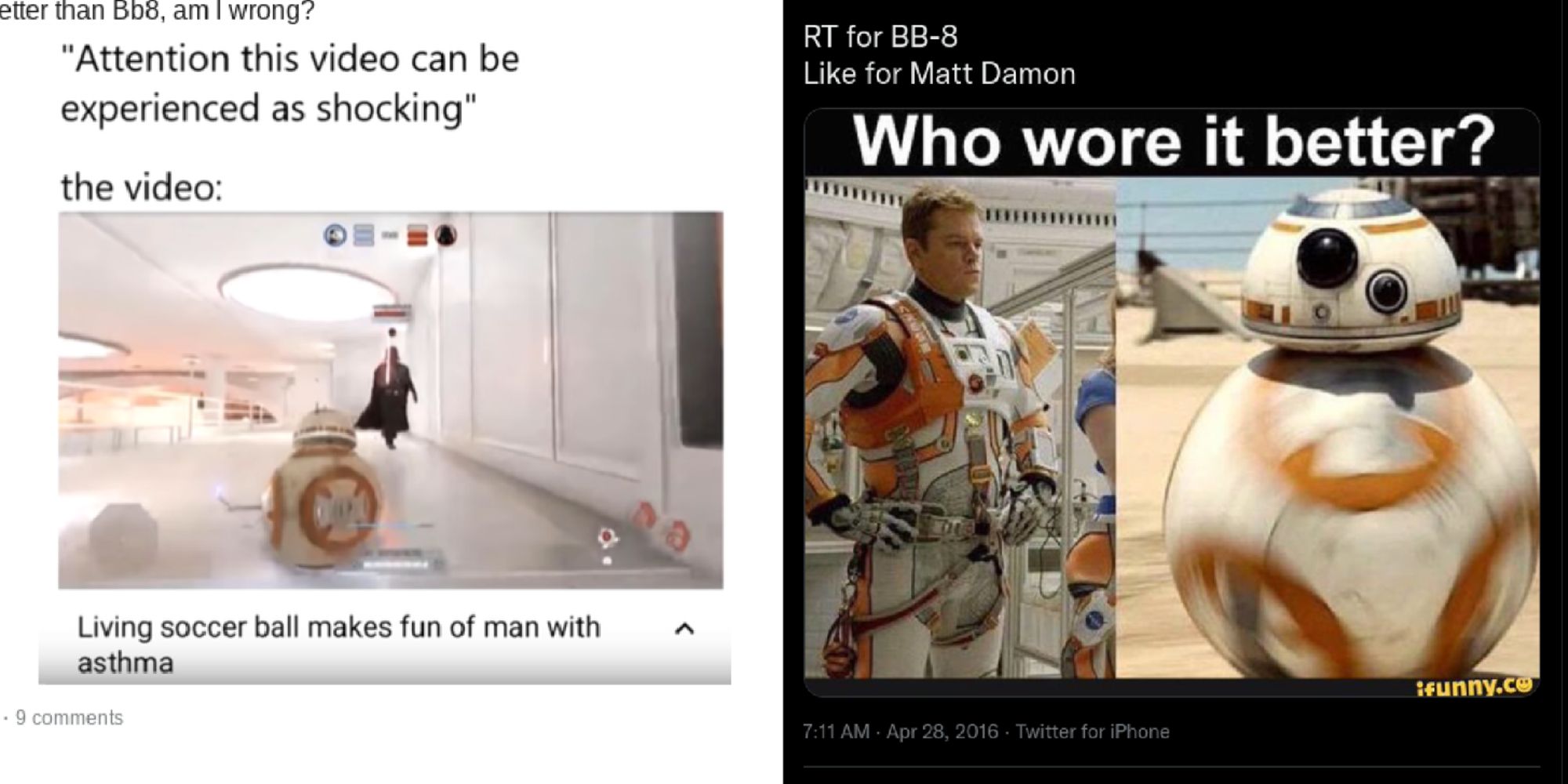 Split image of BB-8 character memes