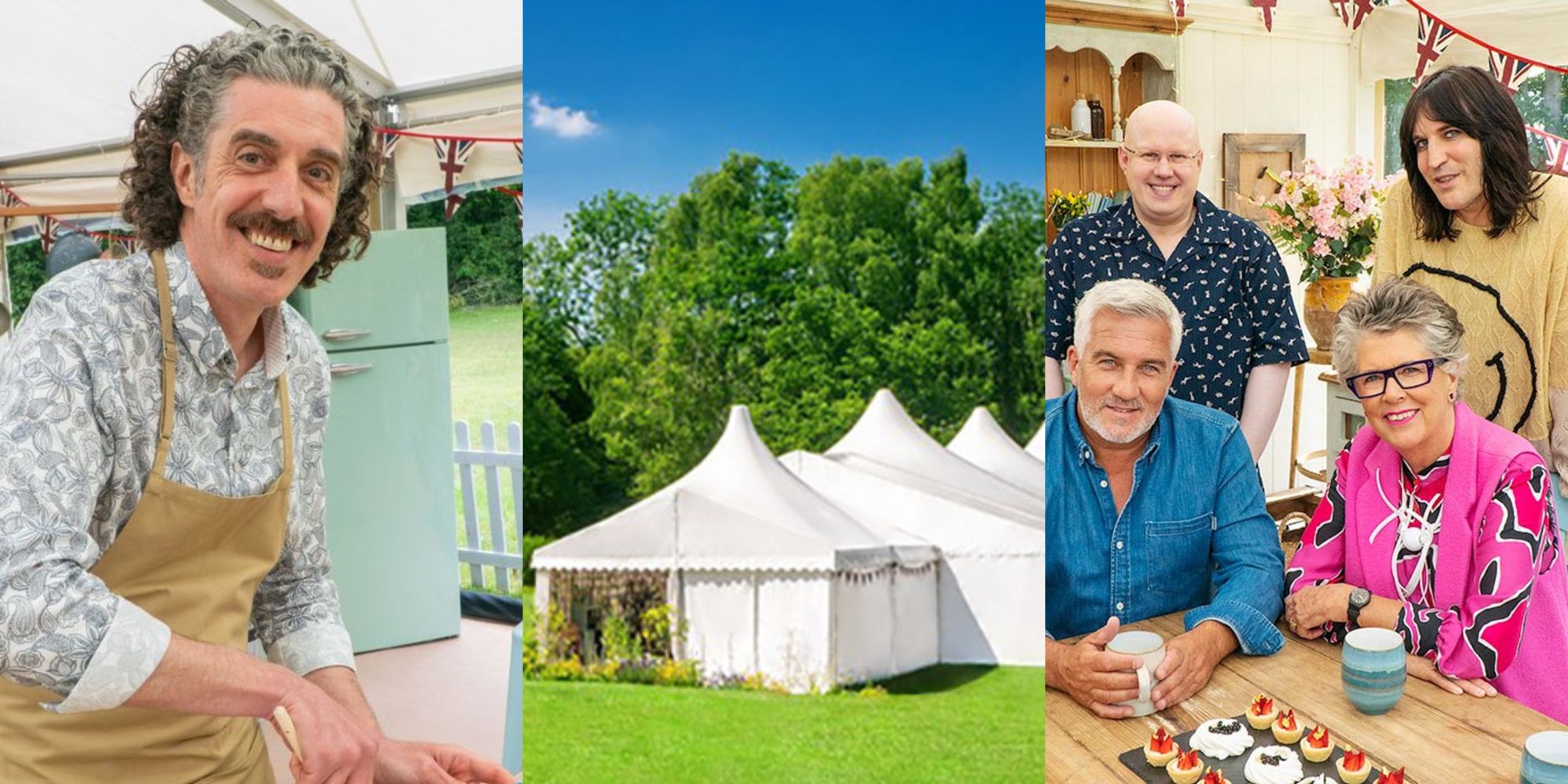 Split image of Bake off contestants, tent and judges feature