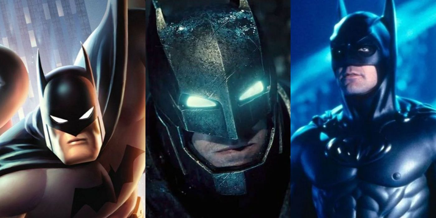 Split image of Batman in Batman and Harley Quinn, Batfleck in Batman vs Superman, and George Clooney's Batman in Batman and Robin