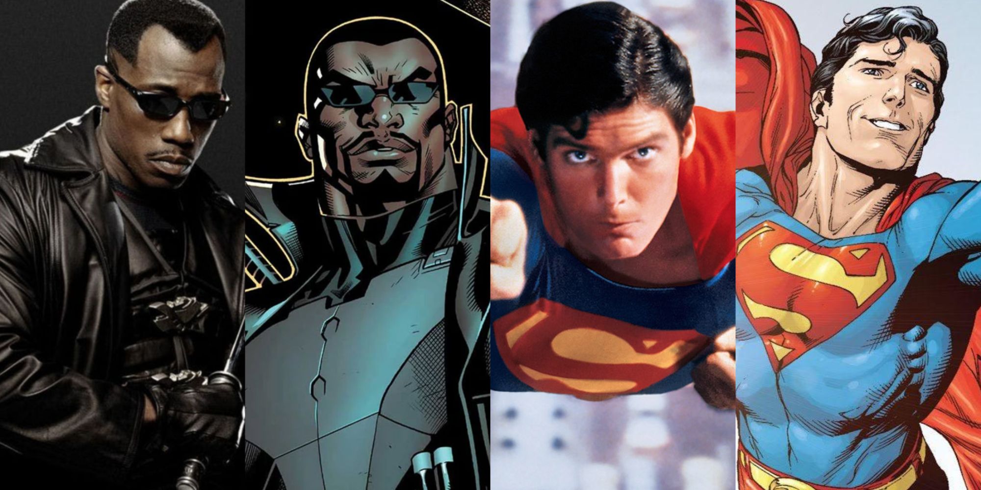 Split image of Blade and Superman in the movies and comics
