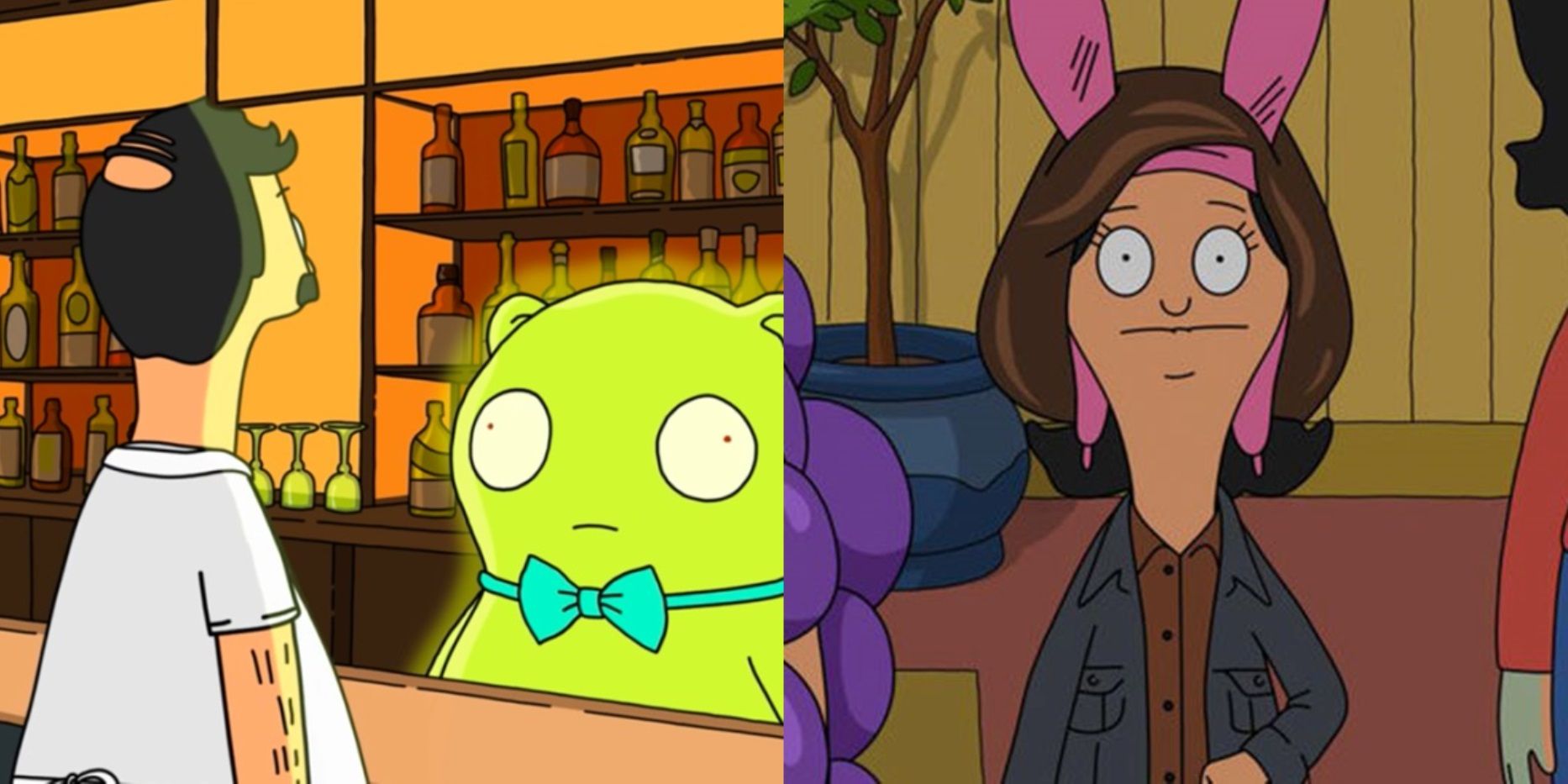 Split image of Bob in The Shining and Louise as Anton Chigurh in Bob's Burgers