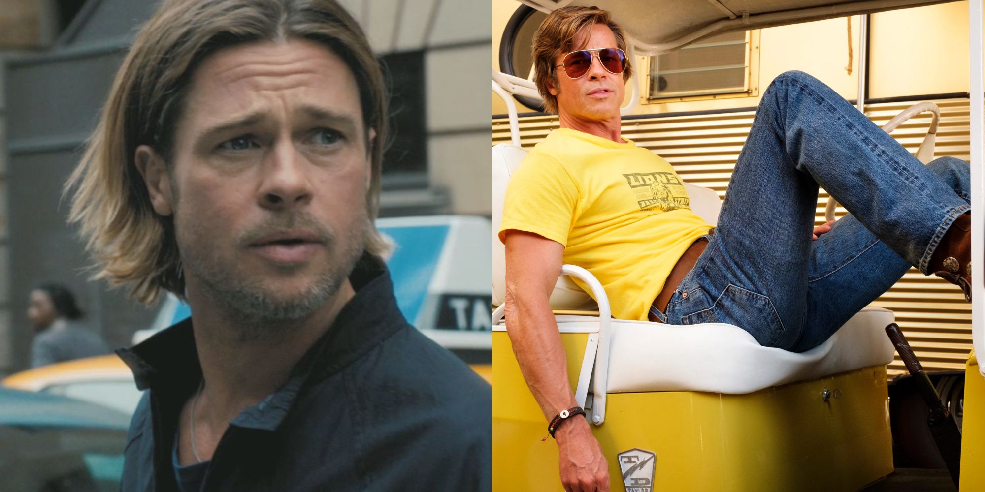 Split image of Brad Pitt in World War Z and Once Upon a Time in Hollywood