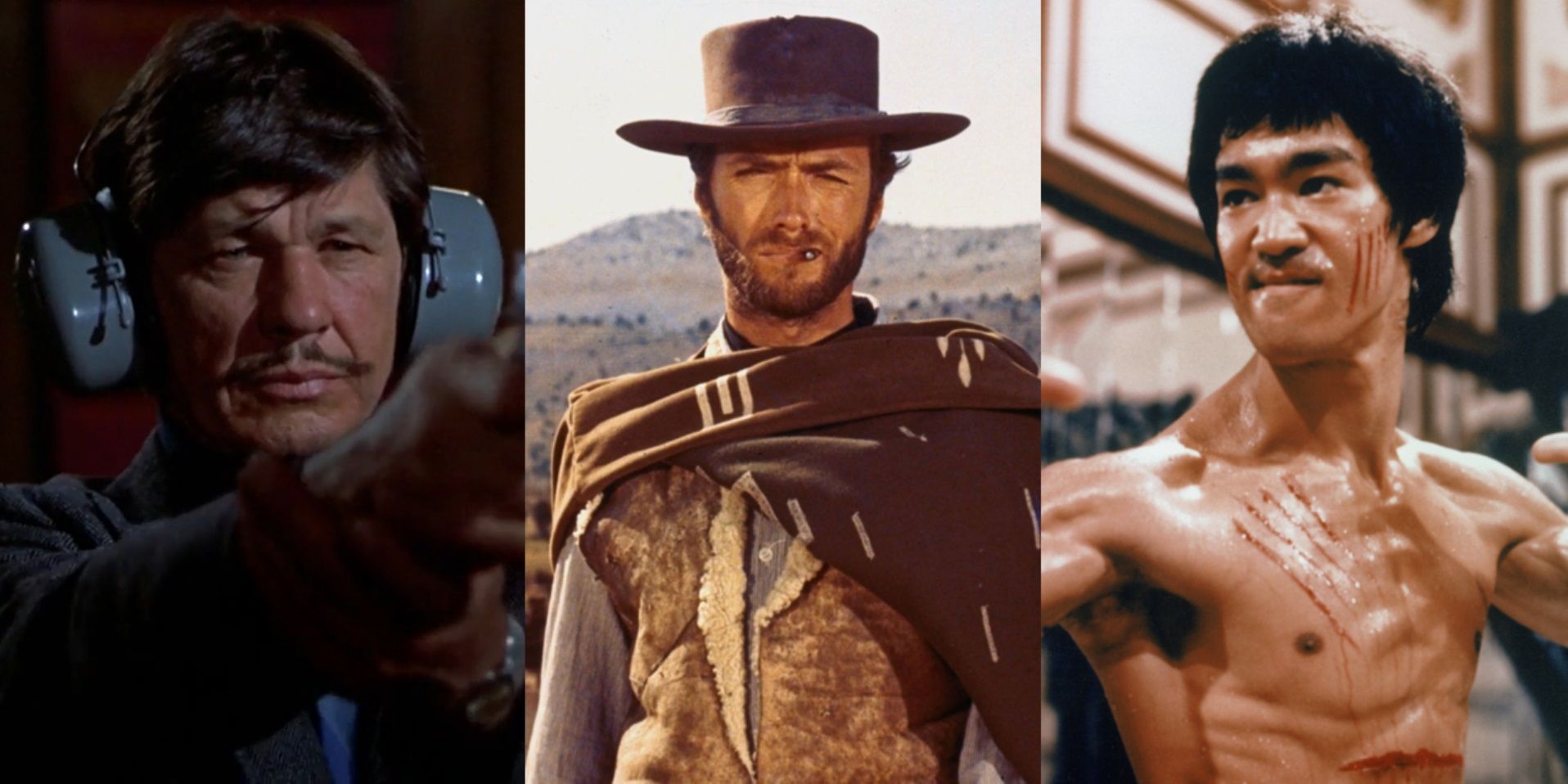 Split image of Charles Bronson in Death Wish, Clint Eastwood in The Good the Bad and the Ugly, and Bruce Lee in Enter the Dragon