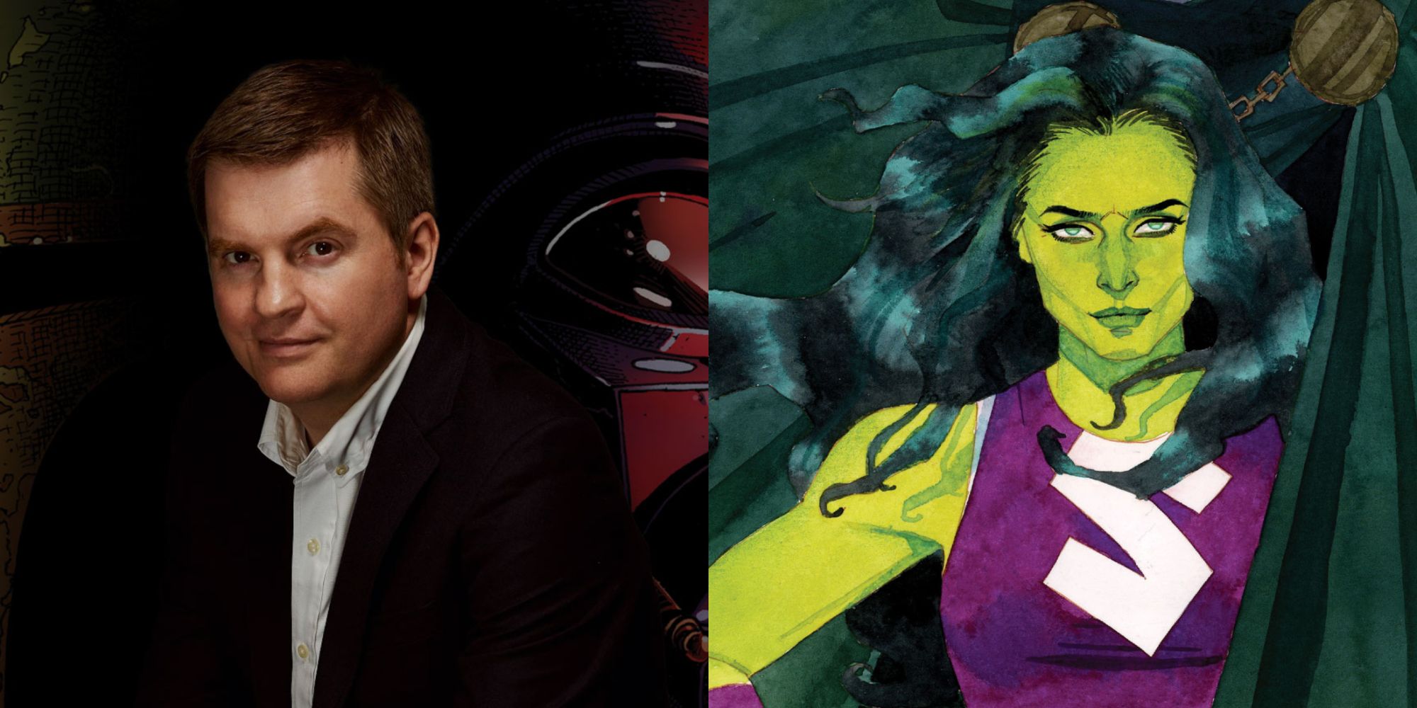 Split image of Charles Soule and his version of She-Hulk