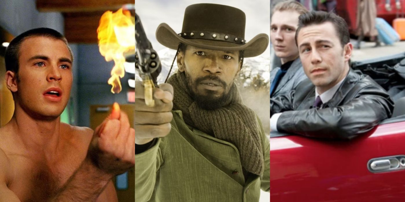 Split image of Chris Evans in Fantastic Four, Jamie Foxx in Django Unchained, and Joseph Gordon-Levitt in Looper