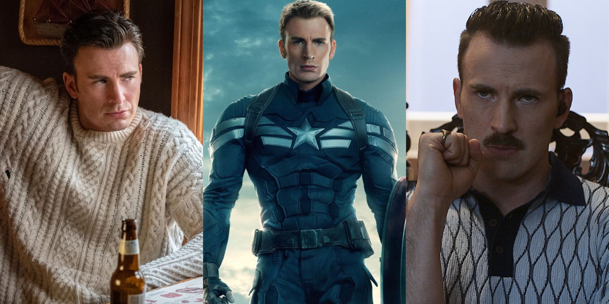 Split image of Chris Evans in Knives out, Captain America The Winter Soldier and The Gray Man