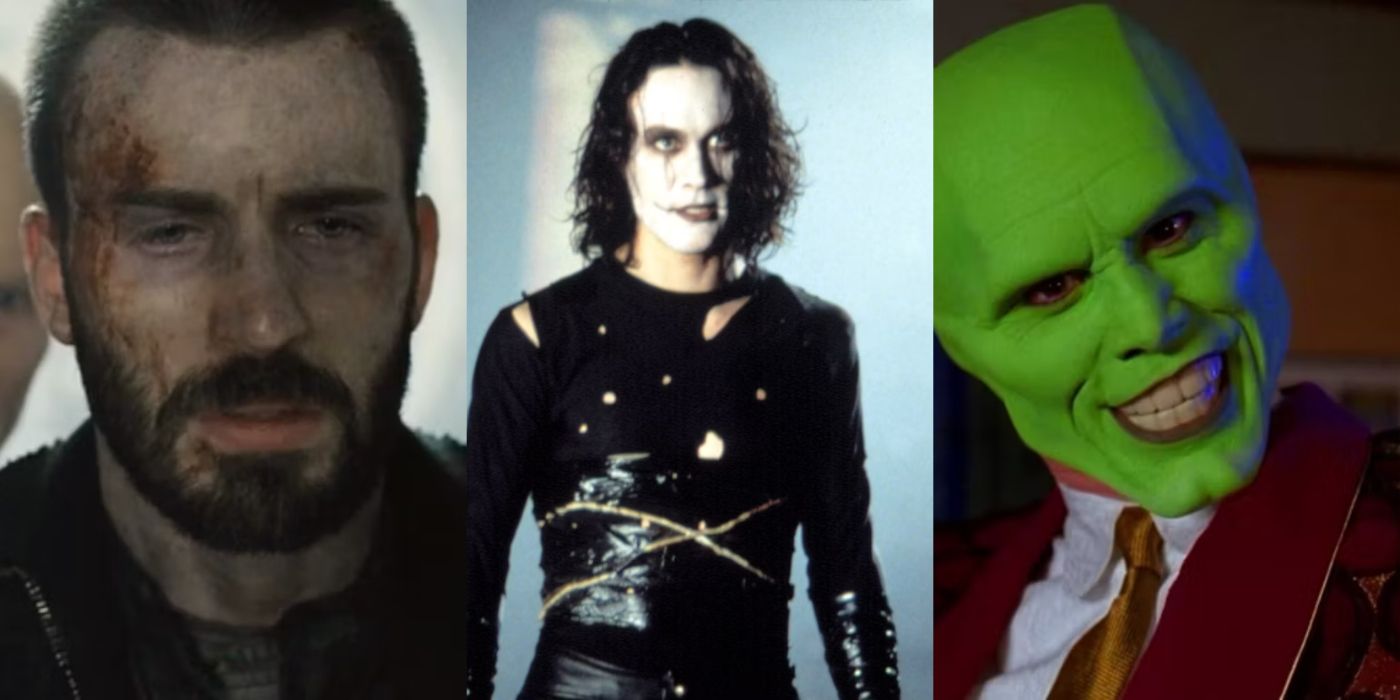 Split image of Chris Evans in Snowpiercer, Brandon Lee in The Crow, and Jim Carrey in The Mask