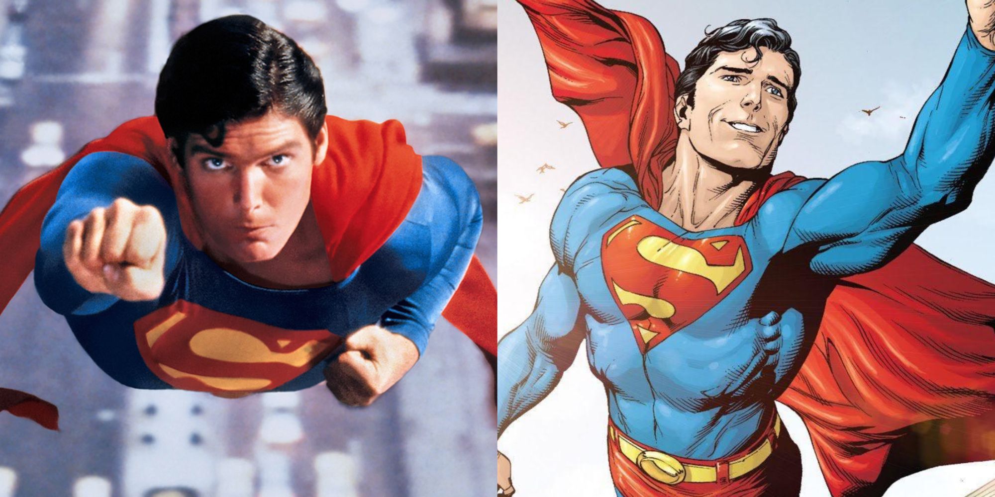 空を飛ぶスーパーマンとしてのクリストファー・リーブの分割画像とゲイリー・フランクによるアートワーク