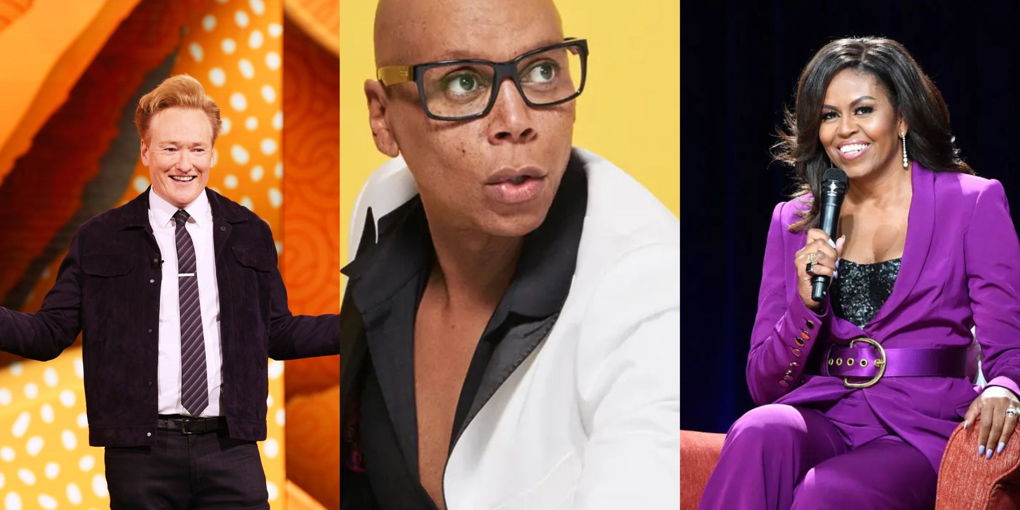 Split image of Conan, RuPaul and Michelle Obama feature