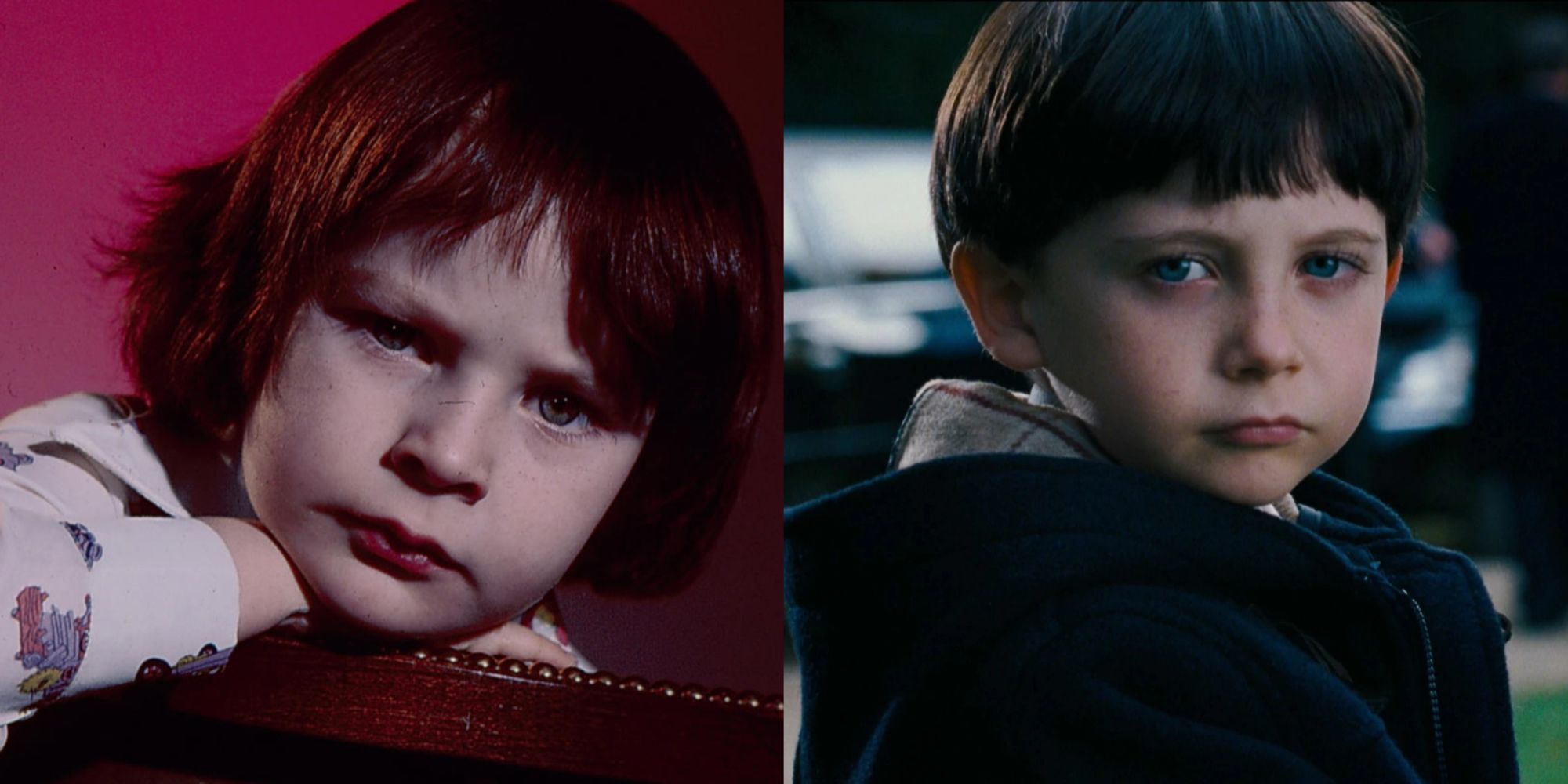 Imagem dividida de Damien Thorn de ambas as versões de The Omen