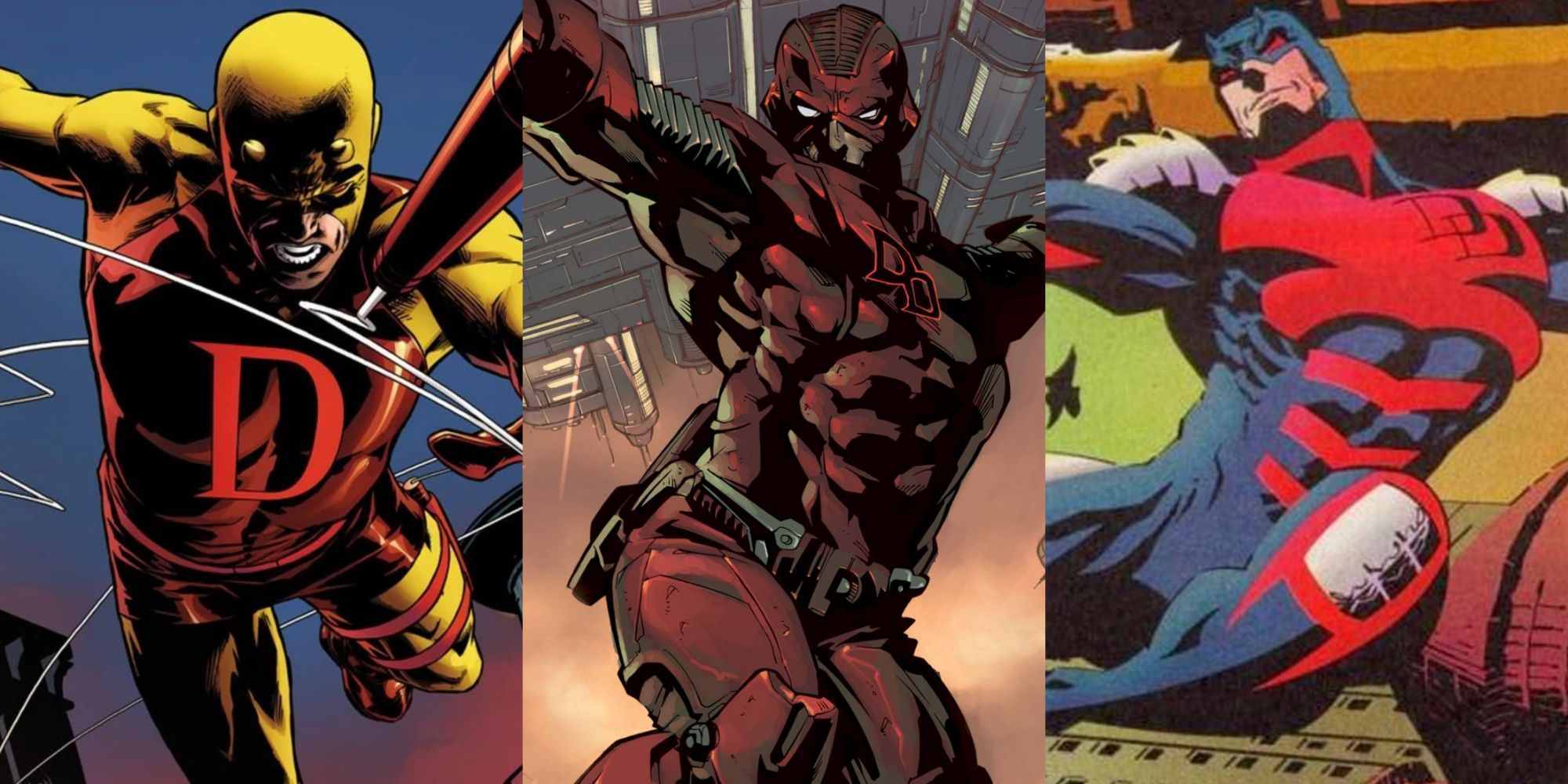 Split image of Daredevil in various costumes from the comics