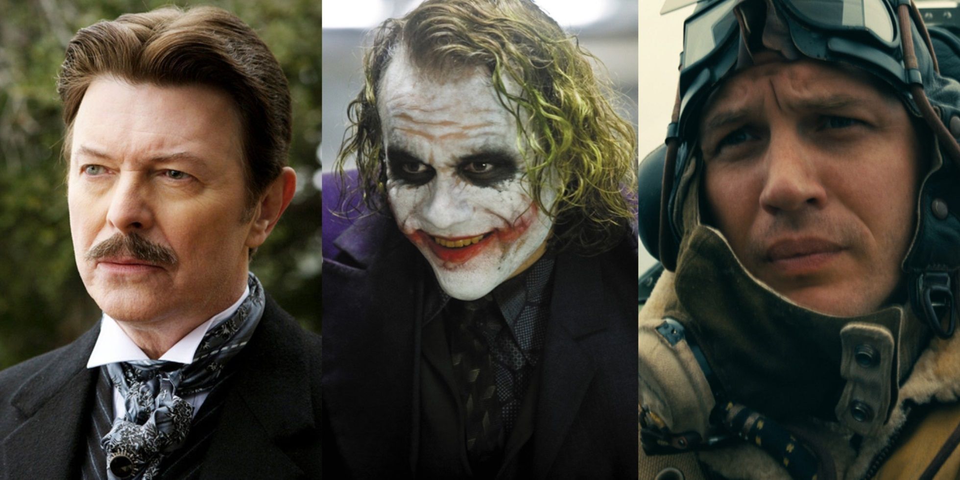 Split image of David Bowie in The Prestige, Heath Ledger in The Dark Knight, and Tom Hardy in Dunkirk