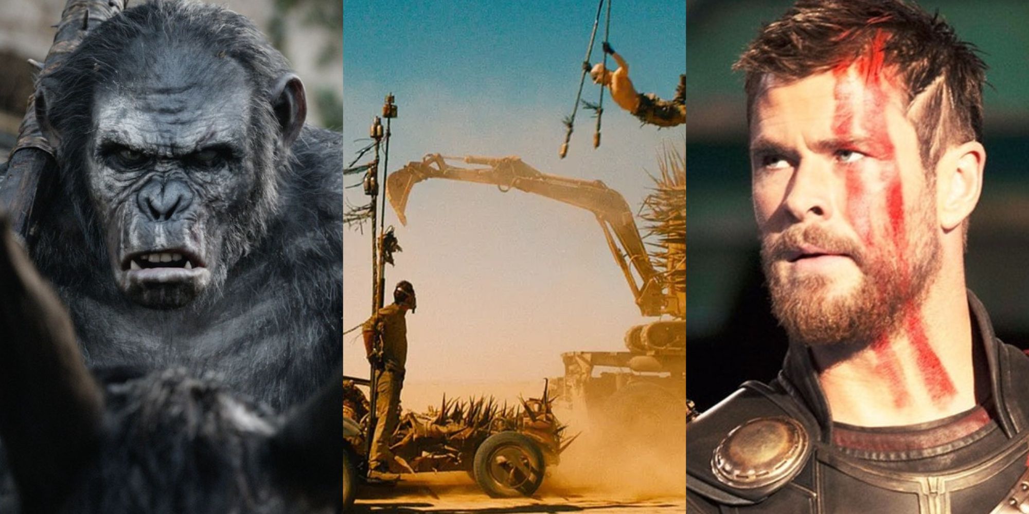 Split image of Dawn of the Planet of the Apes, Mad Max Fury Road and Thor Ragnarok feature