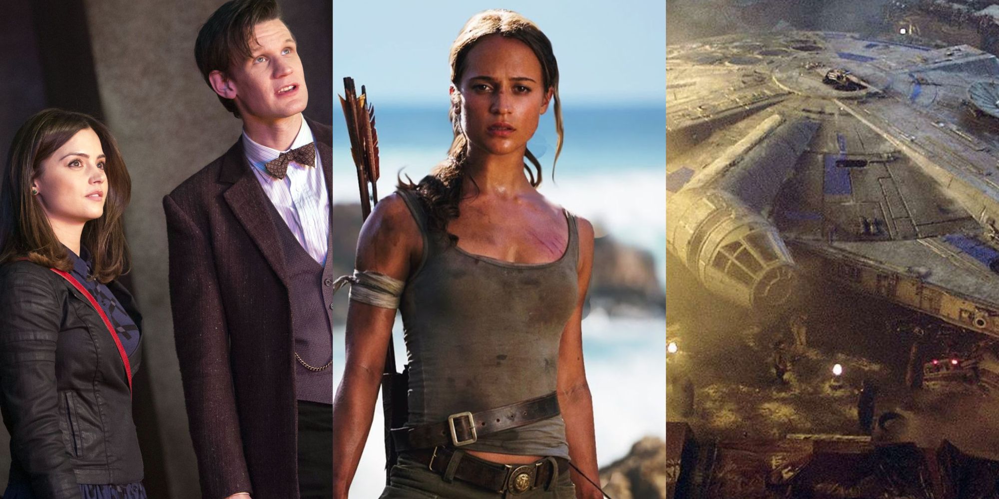 Split image of Doctor Who, Tomb Raider and Millenium Falcon feature