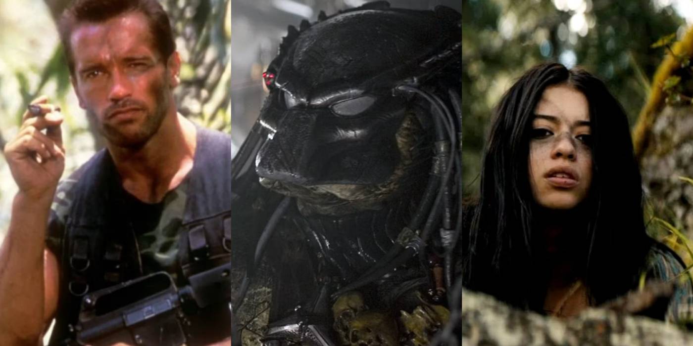 Imagem dividida de Dutch em Predator, Predator em Alien vs. Predator e Naru em Prey