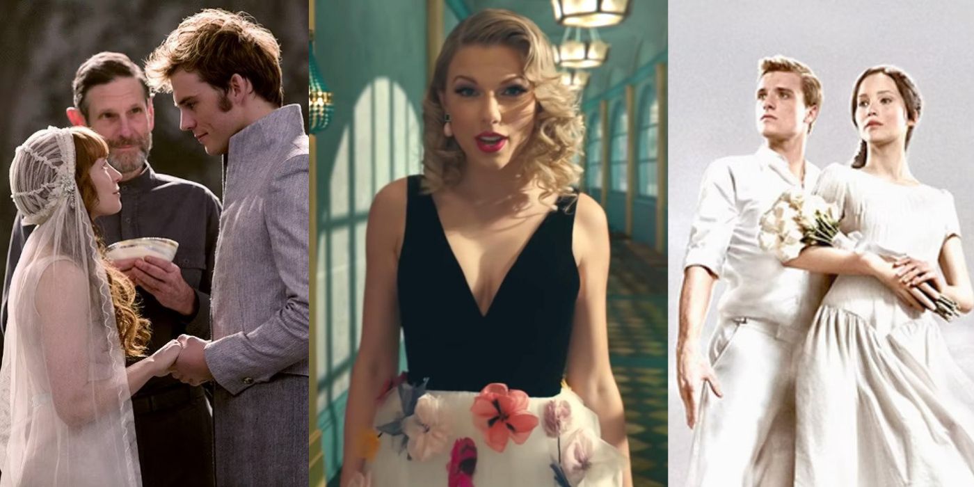 Split image of Finnick and Annie's wedding, Taylor Swift music video, and Katness and Peeta promo
