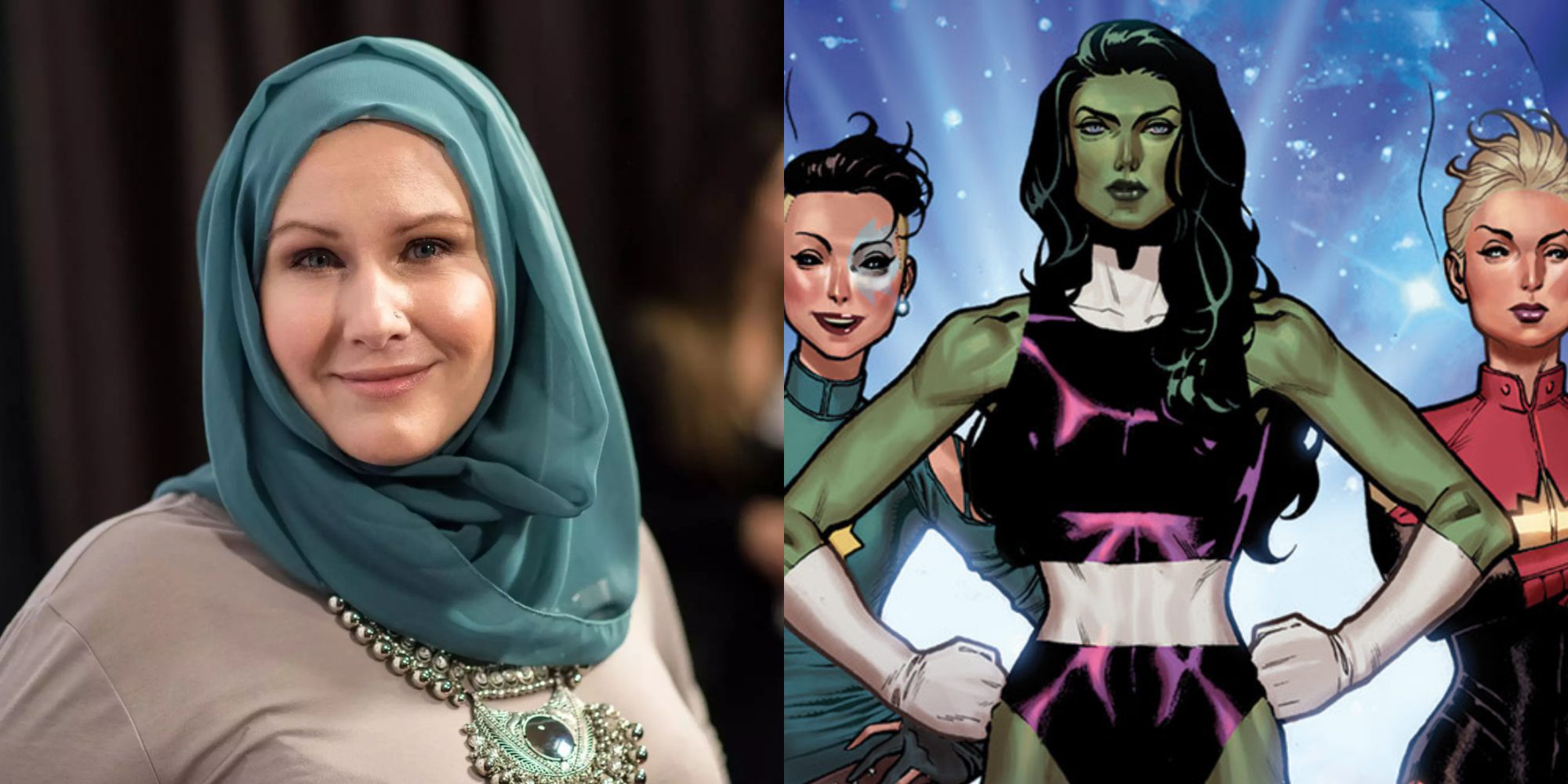 Split image of G. Willow Wilson and her version of She-Hulk in A-Force