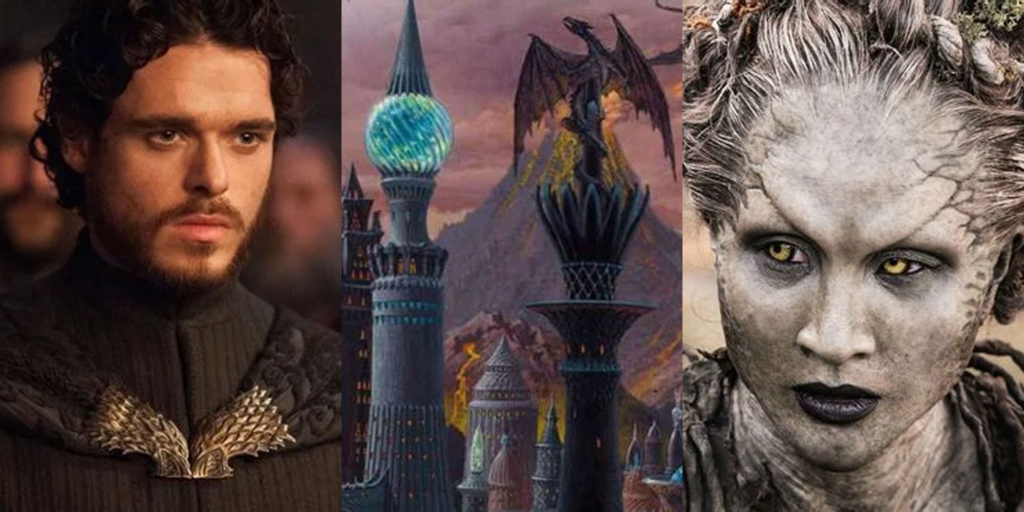 Split image of Game of Thrones TV characters around an illustration of a dragon on a tower