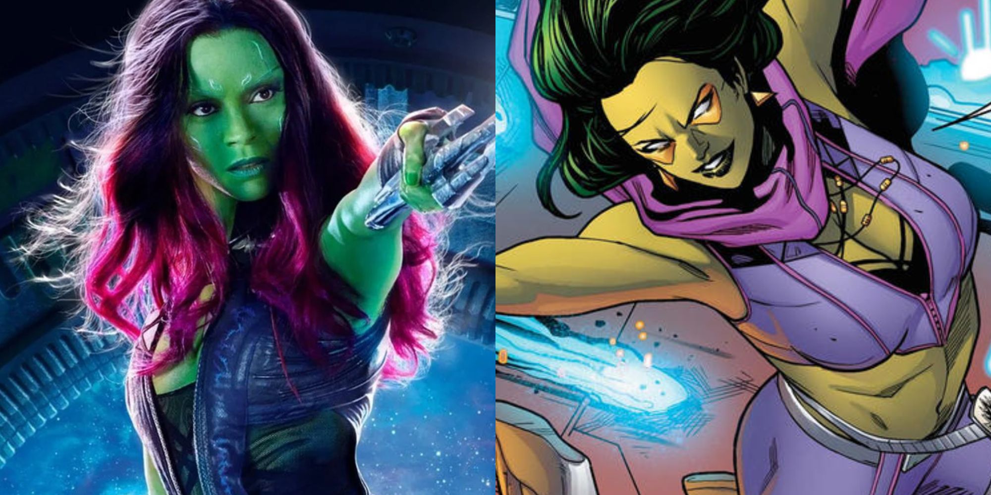 Split image of Gamora in the MCU and Marvel comics